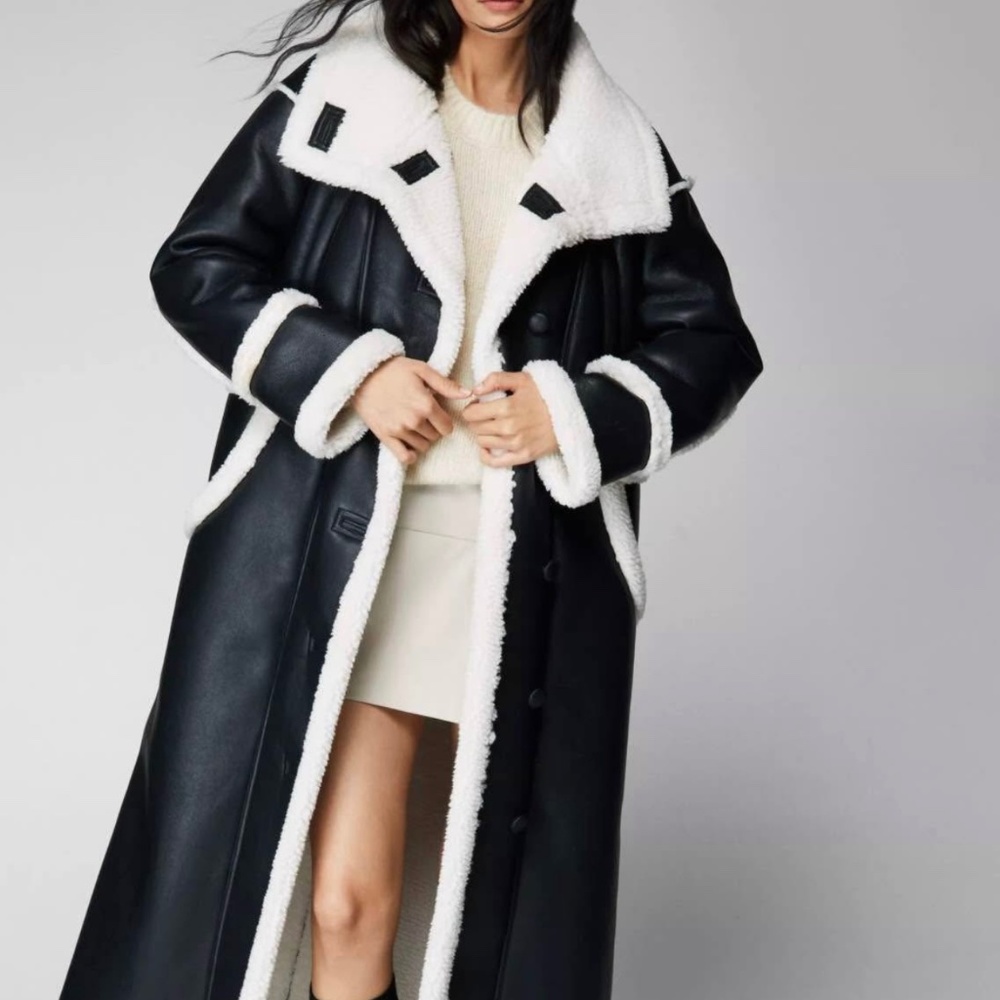 Longline Faux Leather Bonded Aviator Coat